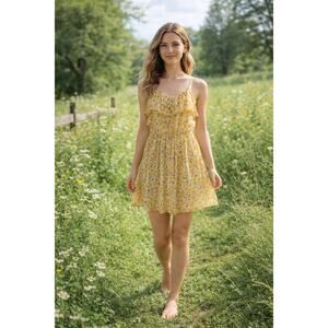 Cotton Candy Yellow Floral Babydoll Mini Dress Ruffle Cottagecore Coquette S